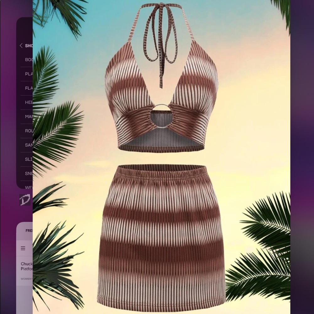 Brown matching set with o ring halter top and mini skirt